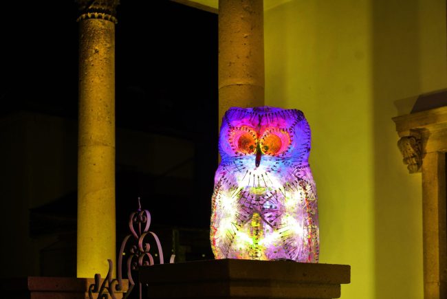 Plastic Owl  Size: 145 × 56 × 52 cm Materials: Plastic Waste, Metal Skeleton, LED Lights